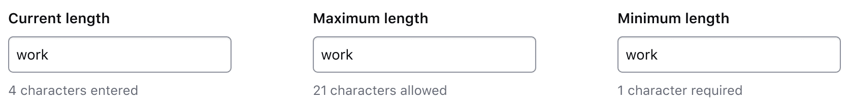 A workspace name input with the text "work" entered. If the character count is showing current length, it reads "4 characters entered". If maximum length, it reads "21 characters remaining". If minimum length, it reads "1 character remaining".